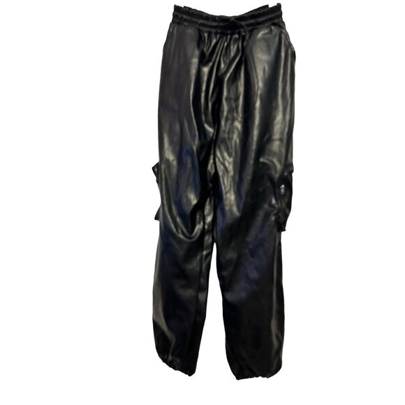 Black Faux Leather‎ Cargo Jogger Pants With Side Pockets & Elastic Waist 4 - Picture 1 of 8